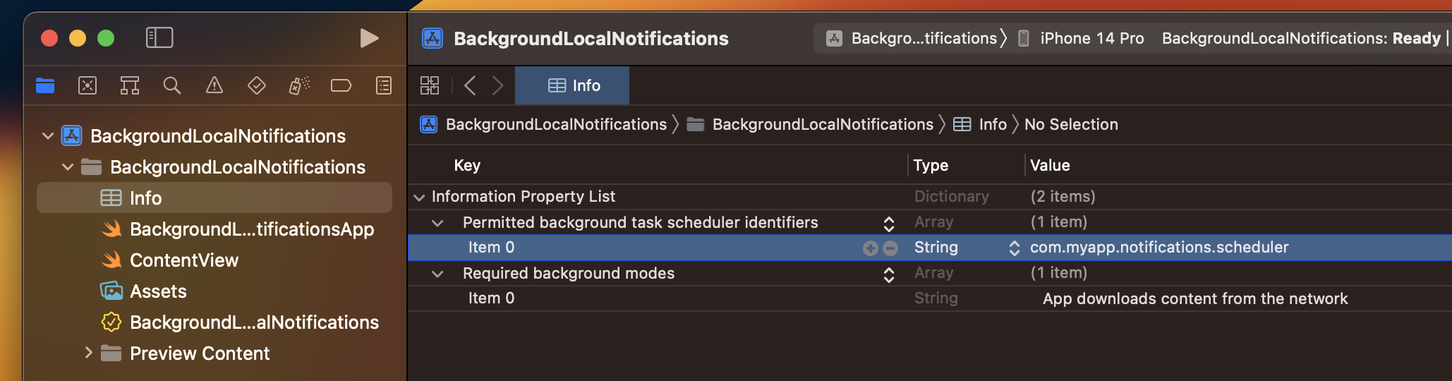 The Info.plist should contains the Permitted background task scheduler identifiers key with a item with Value equal to myapp.notification.scheduler